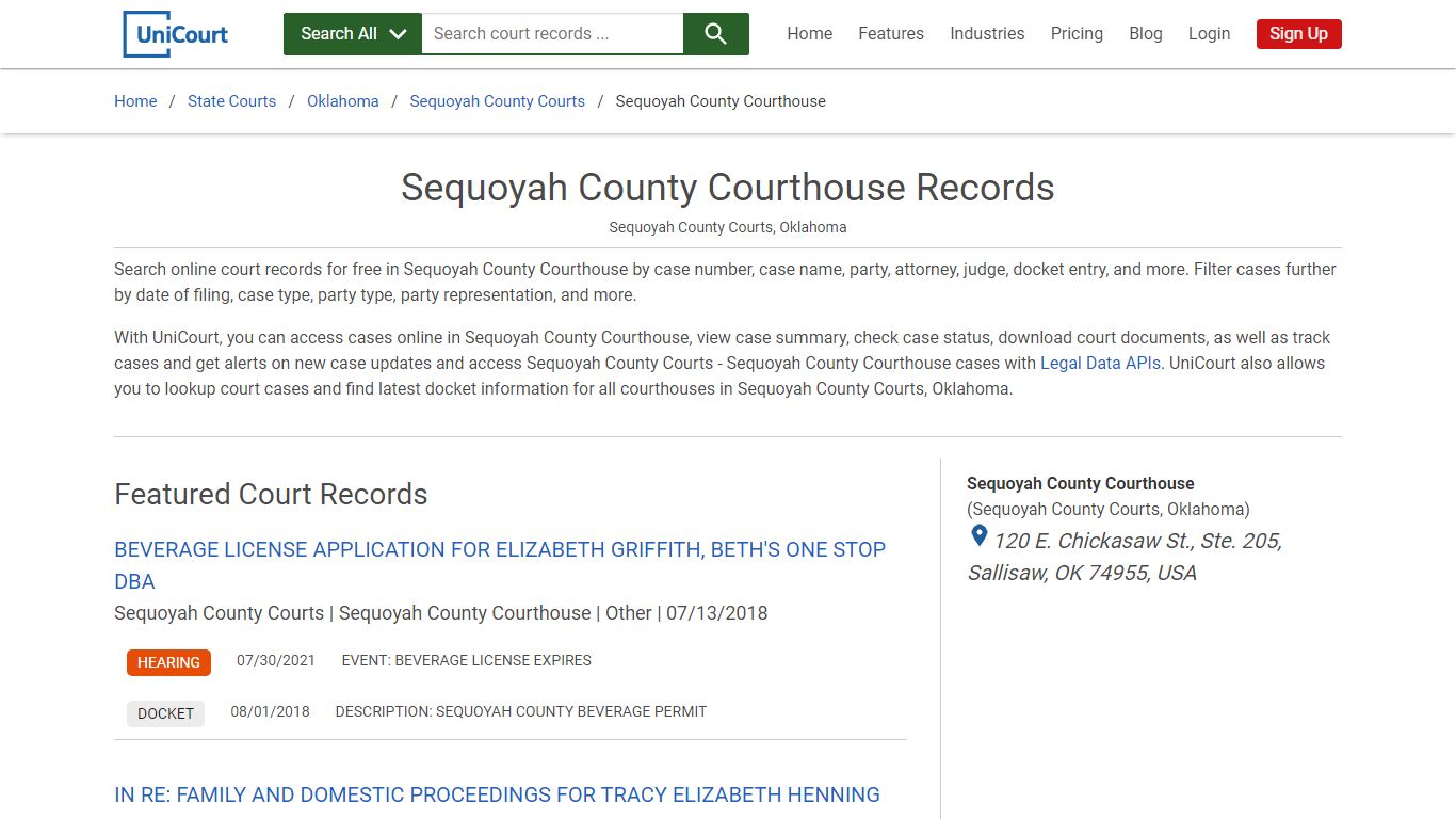 Sequoyah County Courthouse Records | Sequoyah | UniCourt