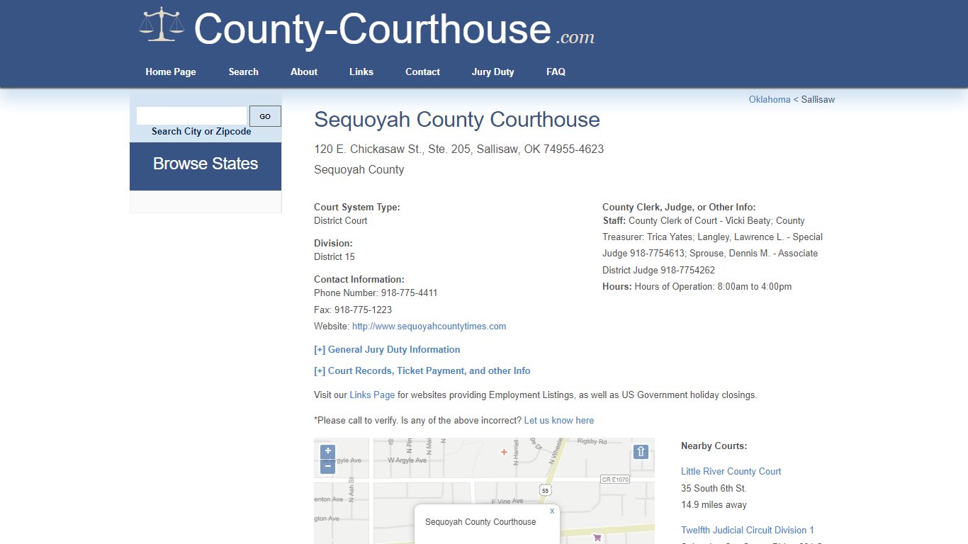 Sequoyah County Courthouse in Sallisaw, OK - Court Information